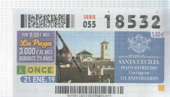 Cupon de la Once tema: 125 aniversario de Santa Cecilia en Pozo Estrecho/Cartagena