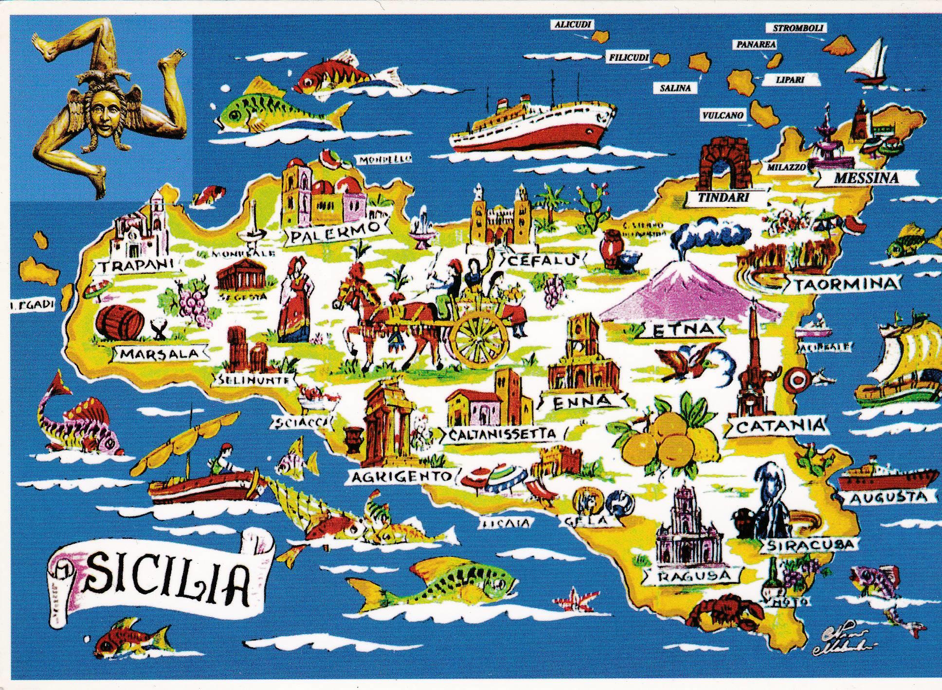 POSTAL B11246: SICILIA: MAPA ILUSTRADO. DIVERSOS ASPECTOS