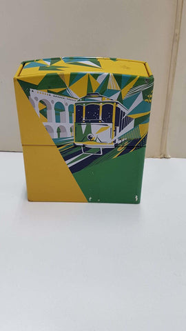 Petaca de tabaco de metal: Amarillo y verde con dibujo de tren.