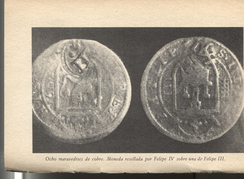 Lamina 12: Historia de España: Ocho maravedises de cobre, moneda resellada por Felipe IV sobre una de Felipe III