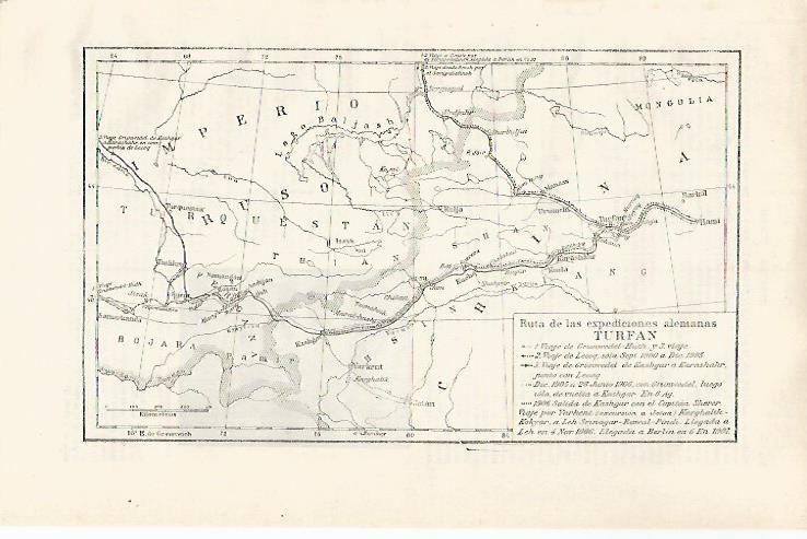 LAMINA ESPASA 31756: Mapa de la ruta de las expediciones de Alemania en Turfan