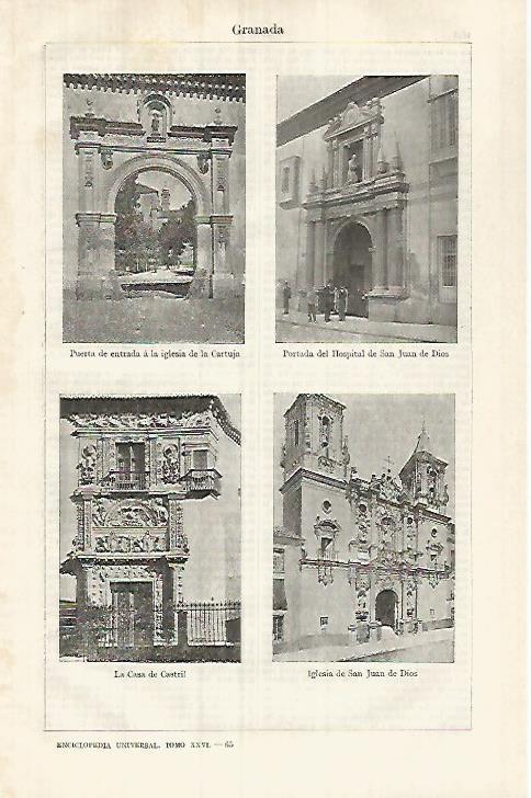 LAMINA ESPASA 32102: Cartuja Hospital de San Juan de  Dios Casa de Castril e iglesia de San Juan de Dios en Granada