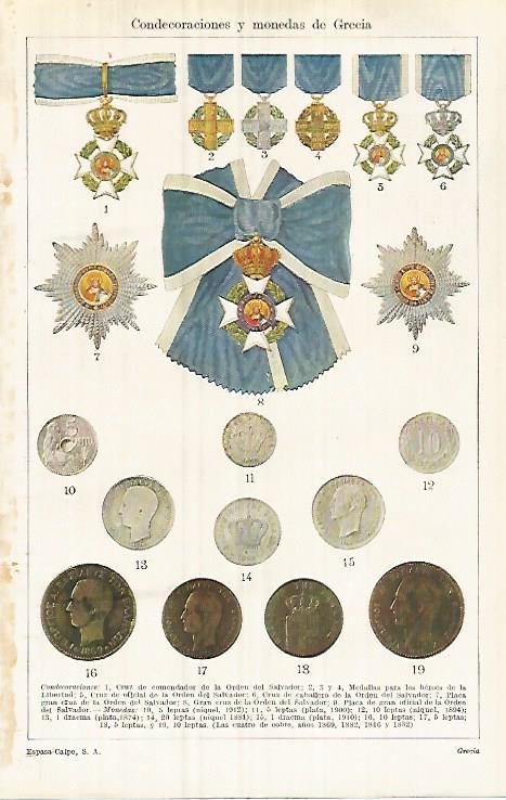 LAMINA ESPASA 32125: Condecoraciones y monedas de Grecia