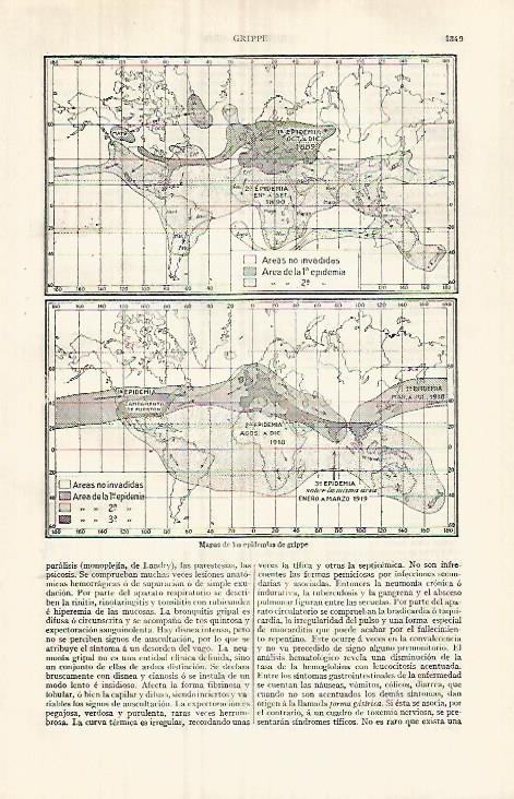 LAMINA ESPASA 32145: Mapas de epidemias de gripe entre 1889-1919
