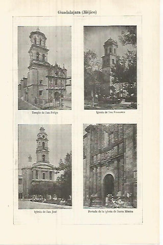 LAMINA ESPASA 32165: Templo de San Felipe iglesia de San Francisco  e iglesia de Santa Monica en Guadalajara Mexico