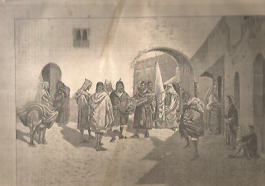 LAMINA 13549: Musica de guana recogiendo dinero para el casamiento de una mora negra en Tanger, dibujo de E. Sivilla