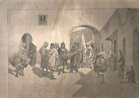LAMINA 13549: Musica de guana recogiendo dinero para el casamiento de una mora negra en Tanger, dibujo de E. Sivilla