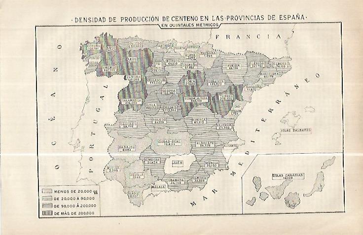 LAMINA ESPASA 32490: Mapa de España de produccion de centeno