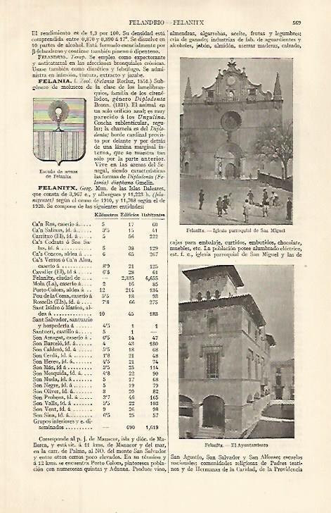LAMINA ESPASA 32633: Escudo, iglesia y Ayuntamiento de Felanitx, Baleares
