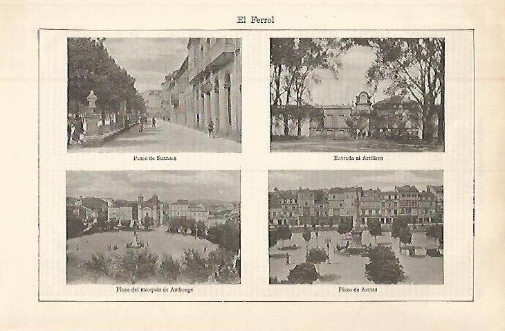 LAMINA ESPASA 32666: Astillero, Plaza de Armas y Plaza del Marques de Amboage en Ferrol