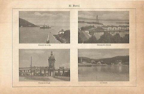 LAMINA ESPASA 32665: Ria, Arsenal, Puerta del Dique y La Cabaña en Ferrol