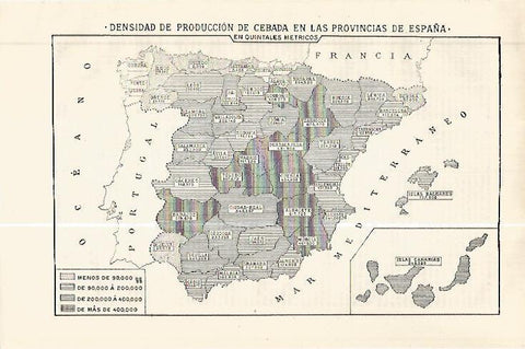 LAMINA ESPASA 32439: Mapa de España de producion de cebada
