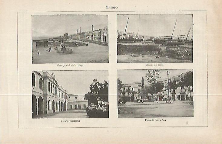 LAMINA ESPASA 32280: Playa, barcas de pesca, Colegi Valldemia y Plaza de Santa Ana de Mataro, Barcelona