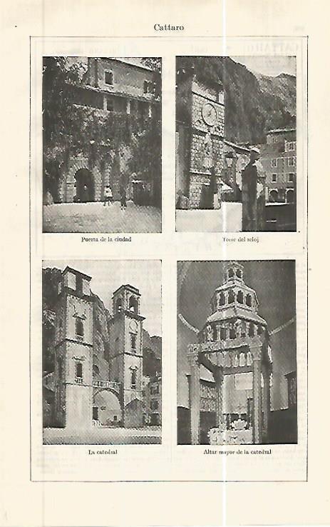 LAMINA ESPASA 32424: Puerta, Torre del Reloj, Catedral y altar de Cattaro, Austria
