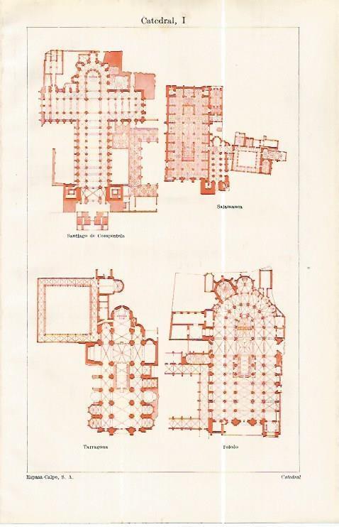 LAMINA ESPASA 32414: Plantas de las catedrales de Santiago de Composstela, Salamanca, Tarragona y Toledo