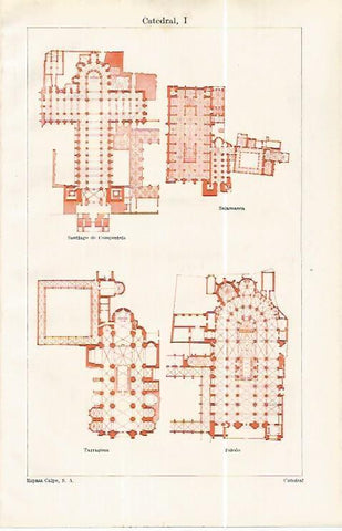 LAMINA ESPASA 32414: Plantas de las catedrales de Santiago de Composstela, Salamanca, Tarragona y Toledo
