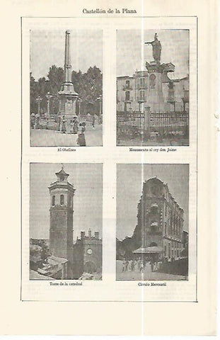 LAMINA ESPASA 32369: Obelisco, Catedral y Circulo Mercantin en Castellon
