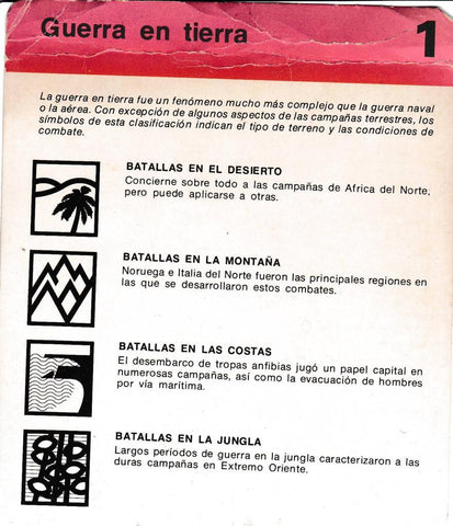 FICHA GUERRA EN TIERRA: BATALLAS EN EL DESIERTO; BATALLAS EN LA MONTAÑA; BATALLAS EN LAS COSTAS; BATALLAS EN LA JUNGLA: BATALLAS EN LAS ISLAS; BATALLAS URBANAS; BATALLAS EN LA LLANURA; TRANSPORTES Y LOGISTICA; ESTADOS MAYORES Y ORGANIZACIÓN.