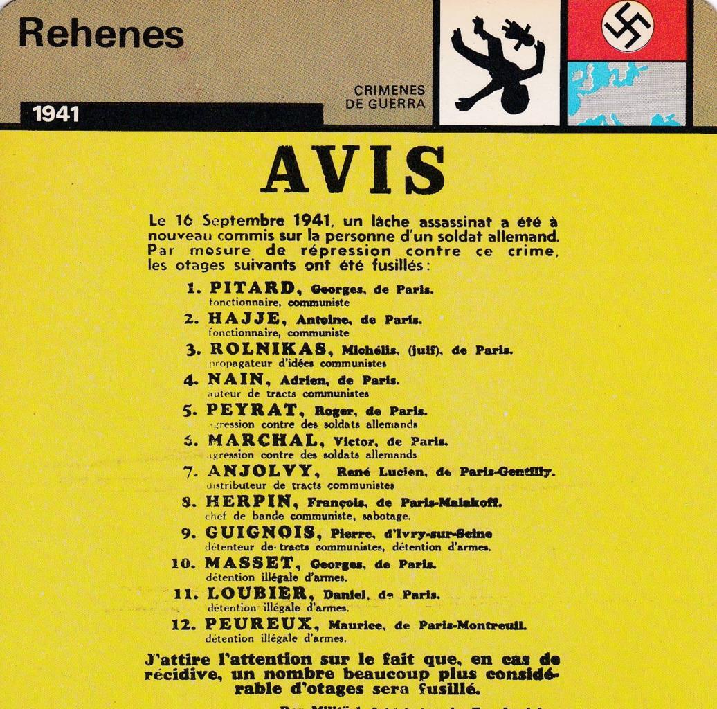 FICHA CRIMENES DE GUERRA: REHENES. 1941