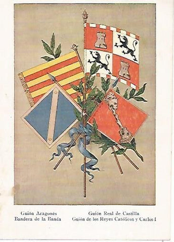 LAMINA 13764: Guin Aragones, Guion Real de Castilla, Guion de los Reyes Catolicos y Bandera de la Banda