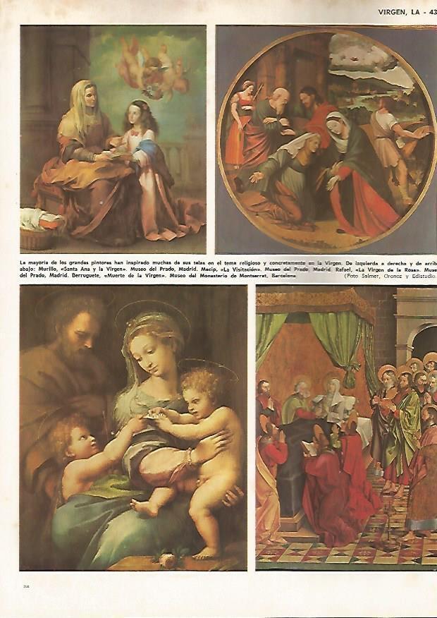 LAMINA MONITOR 0775: Santa Ana y la Virgen, por Murillo, La Visitacion, por Macip, La Virgen de la Rosa, por Rafael y Muerte de la Virgen, por Berruguete