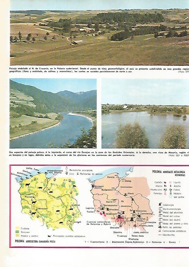 LAMINA MONITOR 0560: Paisaje del norte de Cracovia y mapa mineral y agricola de Polonia