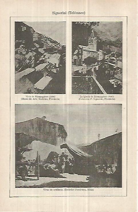 LAMINA ESPASA 32985: Vista de Riomaggiore, La iglesia de Riomaggiore y Vivac de artilleros, por Signorini