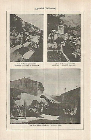 LAMINA ESPASA 32985: Vista de Riomaggiore, La iglesia de Riomaggiore y Vivac de artilleros, por Signorini