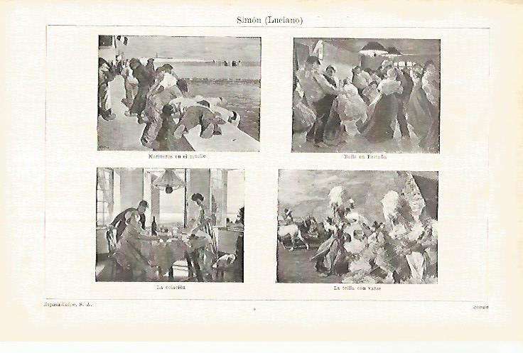 LAMINA ESPASA 33037: Marineros en el muelle, Baile en Bretaña, La colacion y La trilla con varas, por L. Simon