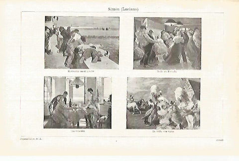 LAMINA ESPASA 33037: Marineros en el muelle, Baile en Bretaña, La colacion y La trilla con varas, por L. Simon