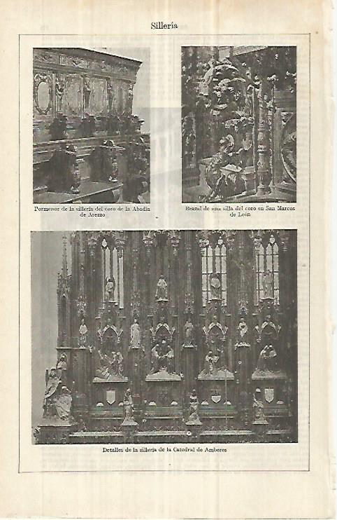 LAMINA ESPASA 33024: Silleria de la Abadia de Arezzo, de San Marcos de Leon y de la catedral de Amberes