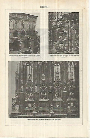 LAMINA ESPASA 33024: Silleria de la Abadia de Arezzo, de San Marcos de Leon y de la catedral de Amberes