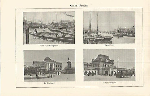 LAMINA ESPASA 32932: Biblioteca, puerto, Adjigawa y Estacion Central de Osaka, Japon