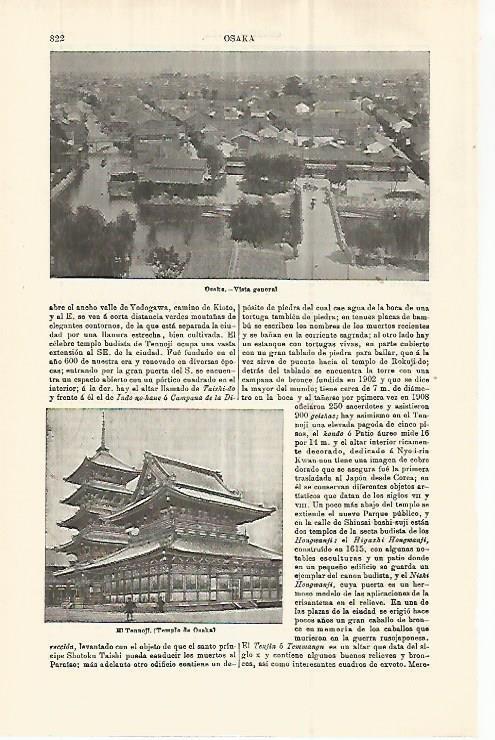 LAMINA ESPASA 32931: El Tennoji y vista de Osaka, Japon