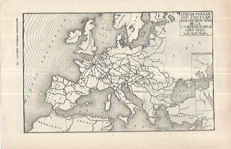 LAMINA ESPASA 33124: Mapa de las lineas de trenes con coche cama en 1926
