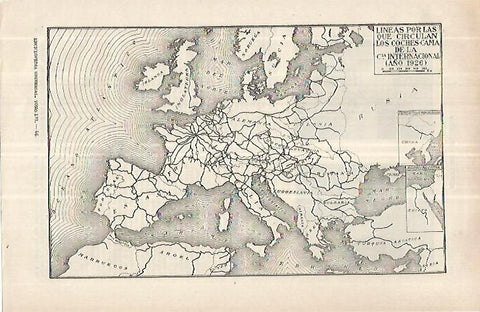 LAMINA ESPASA 33124: Mapa de las lineas de trenes con coche cama en 1926