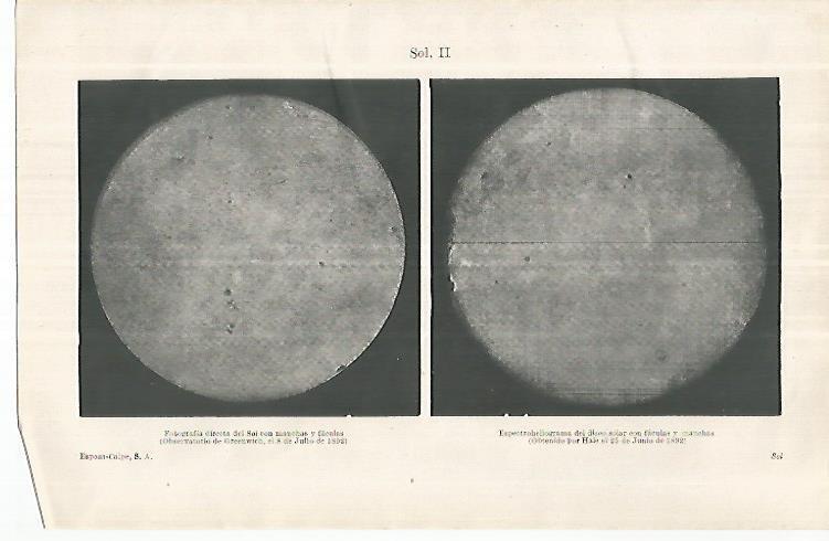 LAMINA ESPASA 33159: Fotografia del sol del 8 de julio de 1882 y espectroheliograma del 25 de junio de 1892