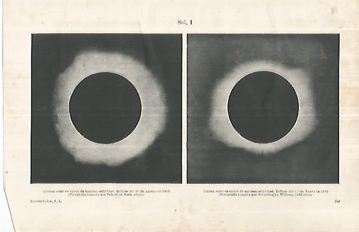 LAMINA ESPASA 33158: Eclipse del 30 de agosto de 1905 y del 1 de enero de 1889