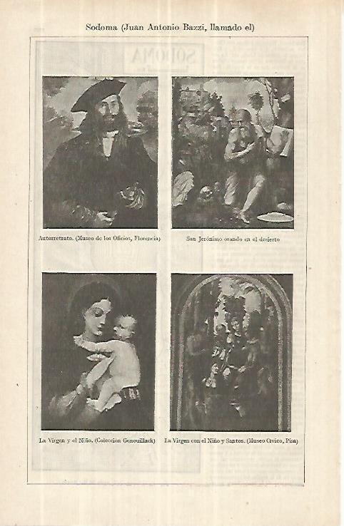 LAMINA ESPASA 33141: Autorretrato, San Jeronimo orando en el desierto, La Virgen y el Niño y La Virgen con el Niño y santos, por J.A. Bazzi el Sodoma