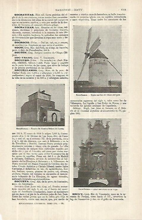 LAMINA ESPASA 33140: Molino, ermita de Loreto y Altar del Cristo de la Vega en Socuellamos, Ciudad Real
