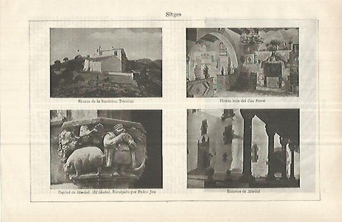 LAMINA ESPASA 33099: Ermita de la Trinidad, Cau Ferraat, capitel y exterior del Maricel en Sitges, Barcelona
