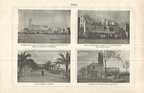 LAMINA ESPASA 33097: Iglesia, residencia Maricel, paseo del Doctor Robert y Santuario del Vinyet en Sitges, Barcelona