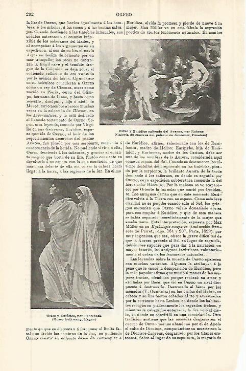 LAMINA ESPASA 32763: Orfeo y Euridice, por Rubens y Fenerbach