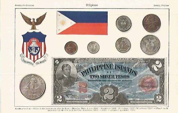 LAMINA ESPASA 32690: Monedas, bandera y escudo de Filipinas