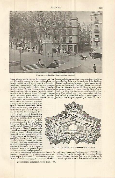 LAMINA ESPASA 32679: Rambla, planta del castillo y monumento a Monturiol en Figueres