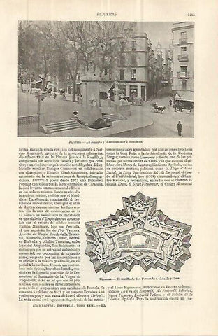 LAMINA ESPASA 32679: Rambla, planta del castillo y monumento a Monturiol en Figueres