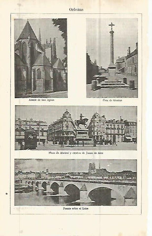 LAMINA ESPASA 32864: San Agnan, Cruz de termino, Plaza du Martroi y puente en Orleans, Francia