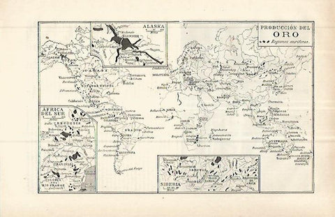 LAMINA ESPASA 32897: Mapa mundial de produccion de oro