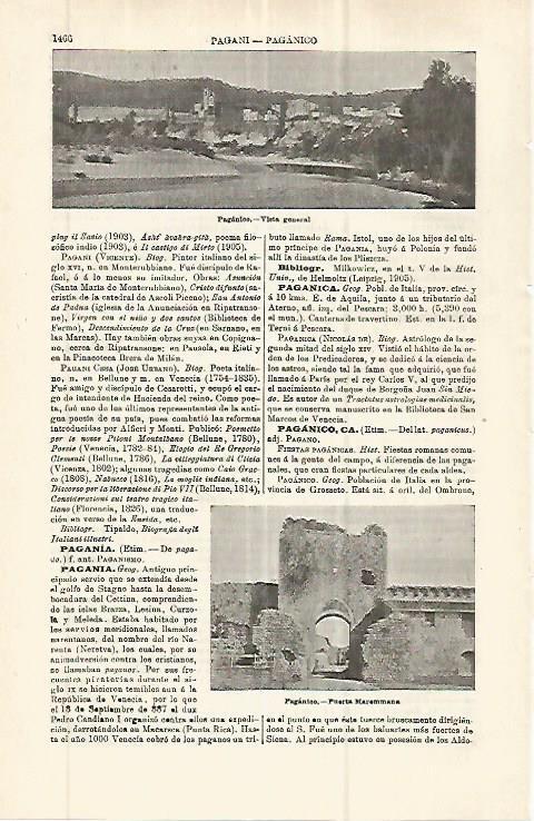LAMINA ESPASA 32819: Puerta Maremmana y vista de Paganico, Italia