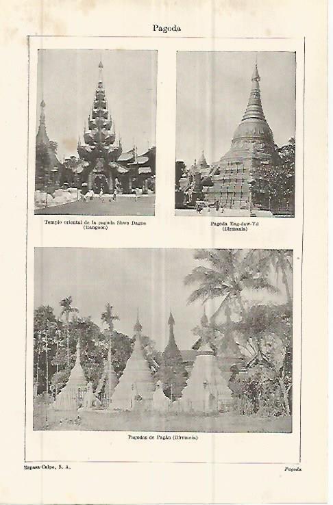 LAMINA ESPASA 32795: Pagoda Shwe Dagon en Rangoon, pagoda Eng-daw-Ud  y pagoda de Pagan en Birmania
